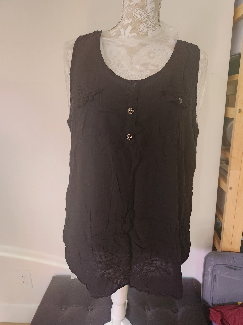 Active USA Black Scoop Neck Sleeveless Tank with Button Detail